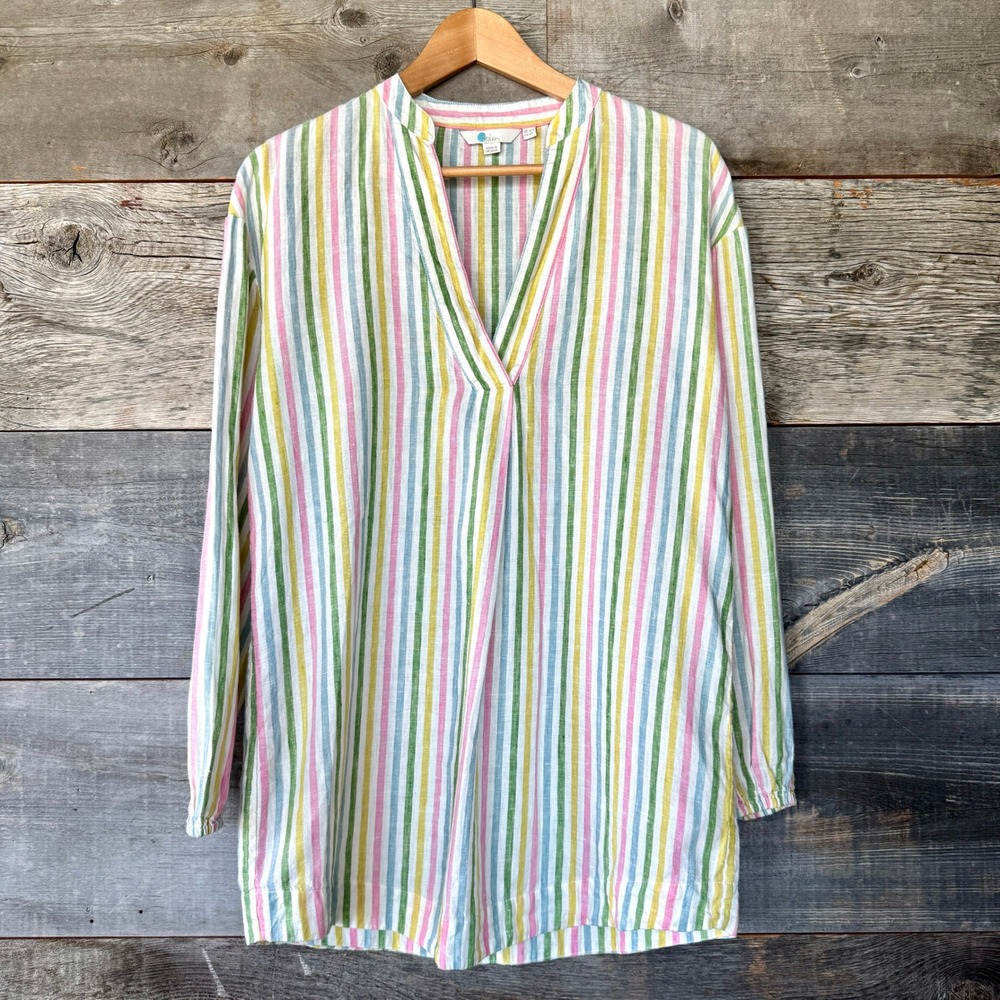 Boden Pastel Stripe Linen Popover‎ Tunic 6 Rainbow Spring Light Beach Coastal